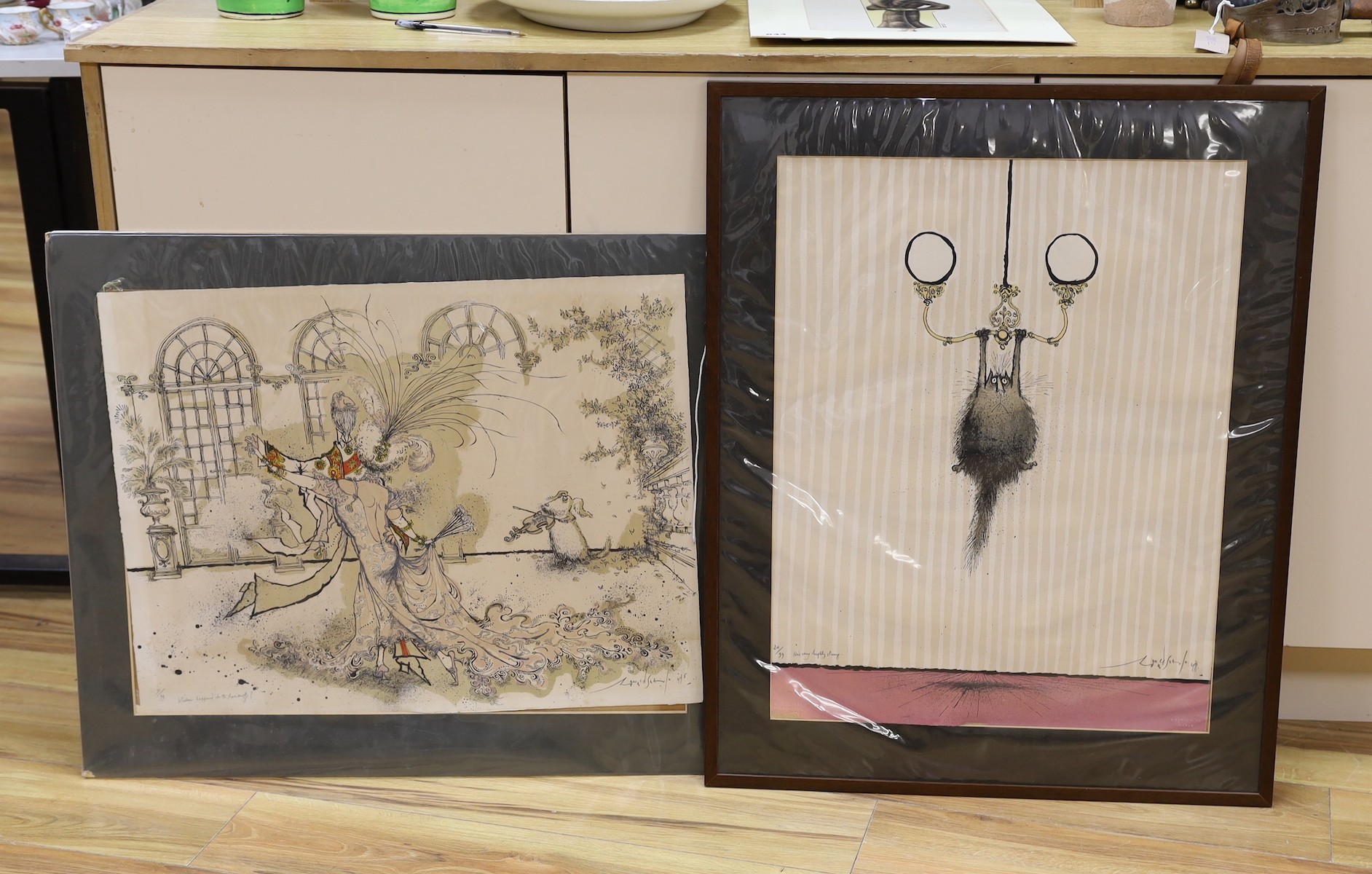 Ronald Searle (1920-2011), two lithographs, 'He's Very Highly Strung ...'. 20/99 and 'Whatever happened to The Romanoffs?', 91/99, both signed in pencil, 64 x 49cm and 50 x 66cm (latter unframed)